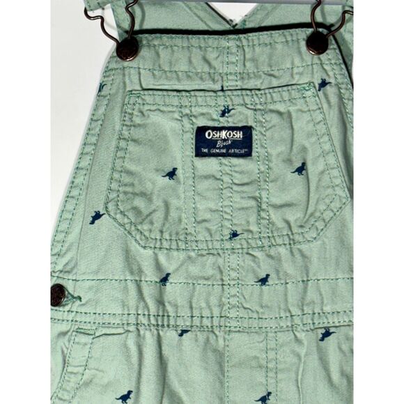 OshKosh B’gosh 24M Toddler Green Dinosaur Short Overalls Adjustable Straps - Picture 2 of 4